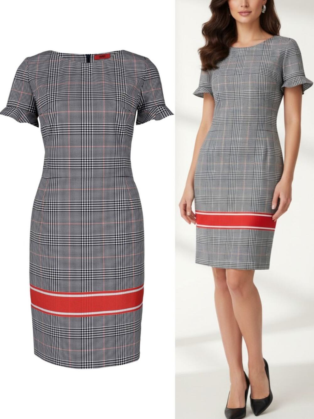 HUGO Hugo Boss Kamire Flutter Sleeve Plaid Slim Sheath Dress Size 8 Navy White